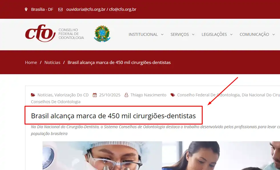 Notícia CFO: Brasil alcança marca de 450 mil cirurgiões-dentistas